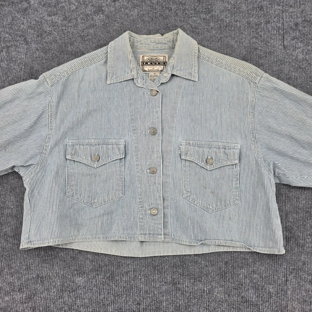 Vintage 1994 Levis Hickory Stripe Cropped Denim Jacket Blue White 47929-9899 M - Picture 2 of 9